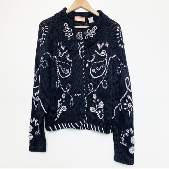 Vintage Black & White Pearl & Rhinestone Open Front Cardigan Women’s Size Large - Picture 1 of 9